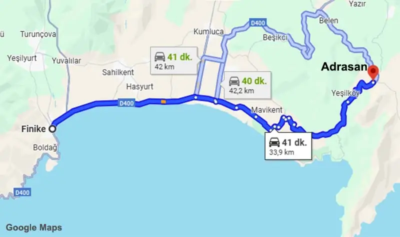 finike adrasan arası kaç km? adrasan finike arası kaç km?